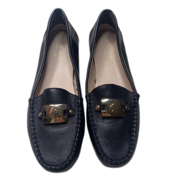 Kate Spade Loafers Size 6.5 Carmen Pebbled Leather Flex Slip On Flat Black Gold - Picture 1 of 8